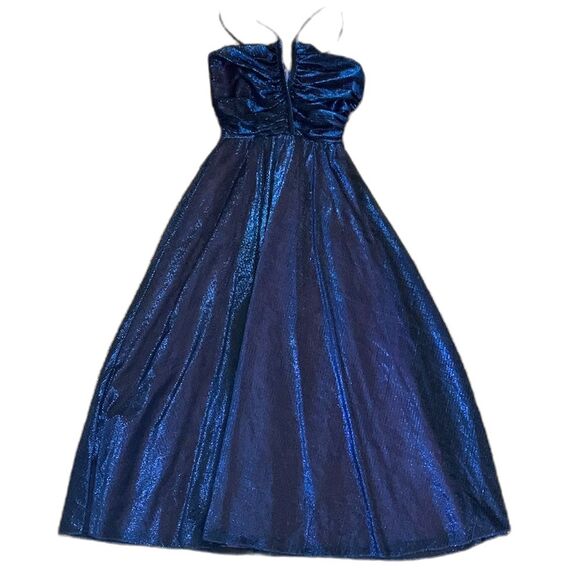 Vintage Flirtations Blue Metallic Sleeveless Fit & Flare Long Prom Dress Sz 7/8 - Picture 1 of 16